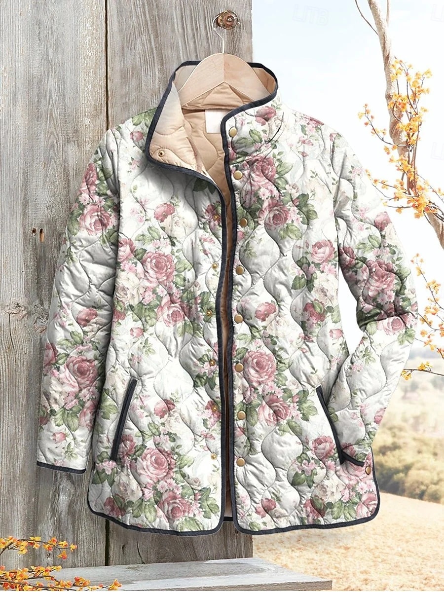 Жен. Зимняя куртка Пуховик Сохраняет тепло Удобный Карман Пуговицы С принтом Мода Повседневные На открытом воздухе Цветочный принт Отпуск Повседневные Однобортный крой Обычная Воротник-стойка 2025 - $45.99 –P2