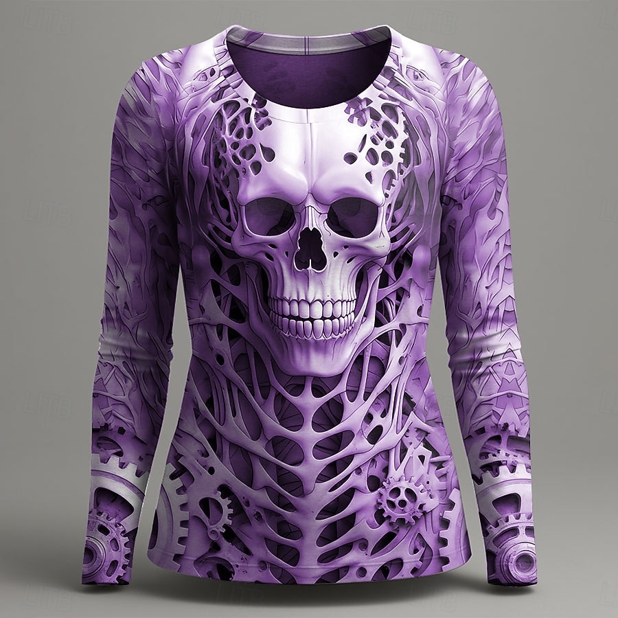 Halloween Women's T Shirt Graphic Skull Skeleton Vintage Fashion Stylish Long Sleeve Crew Neck Round Neck Regular Tops Daily Weekend Print Red Purple Green Gray Summer Spring Fall 2025 - $22.99 –P4