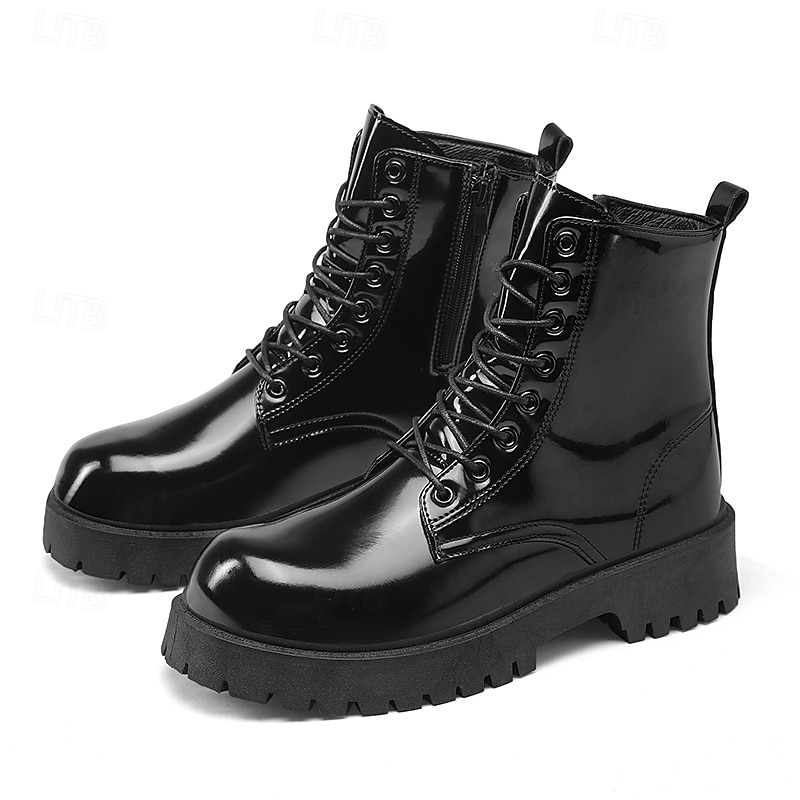 Botas con cordones para hombre de piel negra brillante con suela gruesa: imprescindibles para motociclistas, entusiastas del rock, estilo urbano informal y moda actual. 2026 - $54.99 –P1