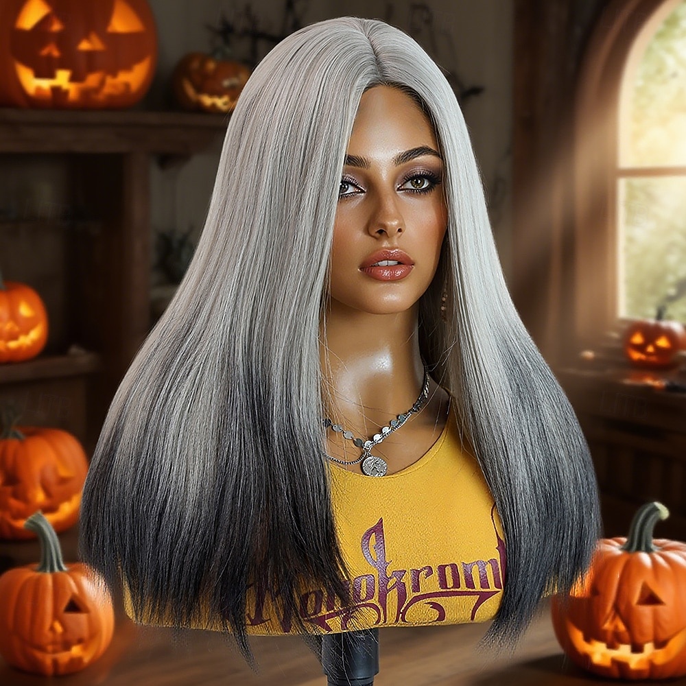 Parrucca in pizzo sintetico Liscio Stile 18 pollice Grigio scuro Riga centrale Parte a U Parrucca Per donna Parrucca Grigio argento del 2025 a $38.99 –P4