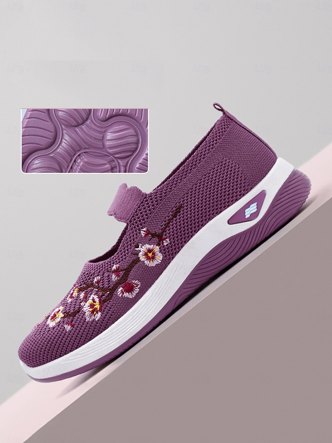 sneakers da donna modello Mary Jane in Flyknit viola con ricami floreali, scarpe leggere e traspiranti per camminare e per outfit casual del 2026 a $18.99 –P4