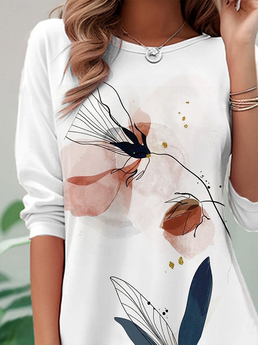 Dámské Tričko Tisk Květinový Grafika Abstraktní Vinobraní stylové Klasické Dlouhý rukáv Tričkový Kulatý Běžné topy Denní Bílá Světlá růžová Jaro Podzim Zima 2026 - $24.99 –P2