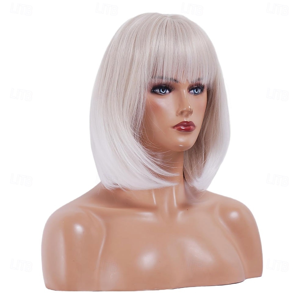 Perruque courte blanche platine avec frange, cheveux synthétiques ombrés à blonds, résistante à la chaleur, 12 pouces, pour femmes de 2025 ? $21.99 –P6