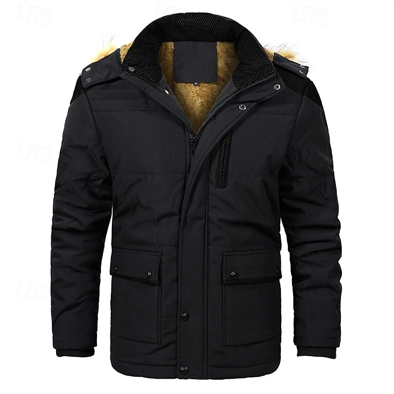 Men's Winter Coat Fleece Jacket Parka Pocket Fleece Polyster Vacation Daily Wear Date Regular Fashion Casual Comfortable Thermal Warm Fall Winter Solid / Plain Color Black Khaki Dark Blue Puffer 2025 - $66.99 –P19