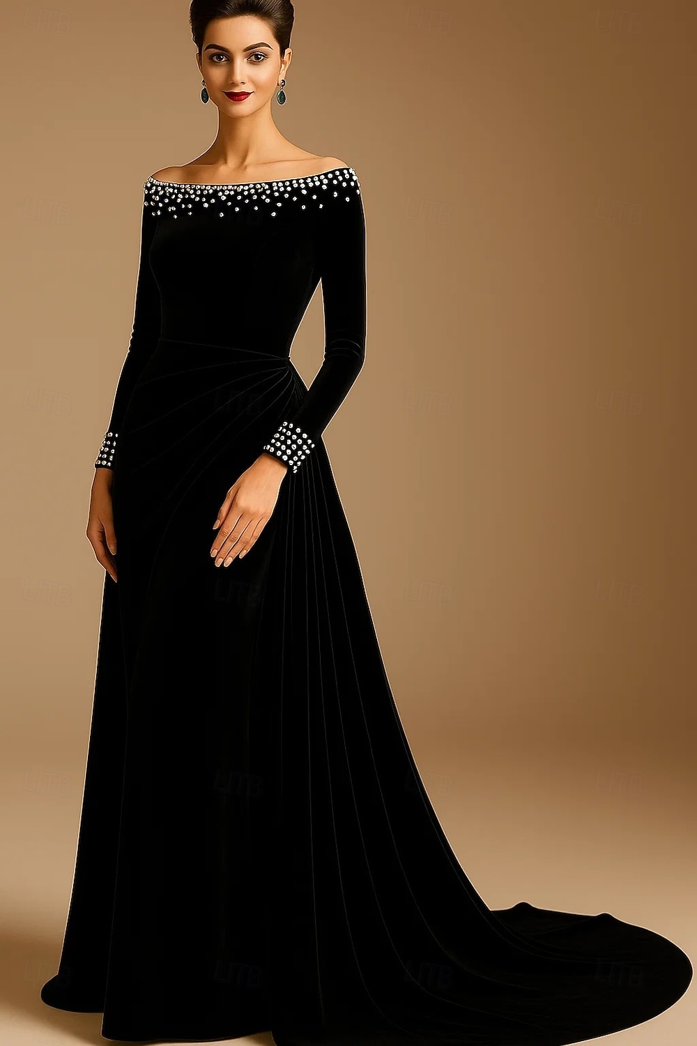A-Line Sheath Column Sweep Brush Train Velvet Dress Vintage Dress Formal Dresses Evening Gown Ball Gown with Overskirt Elegant Glittering Celebrity Style Long Sleeve Off Shoulder Wedding Formal Velvet 2026 - $195.99 –P4