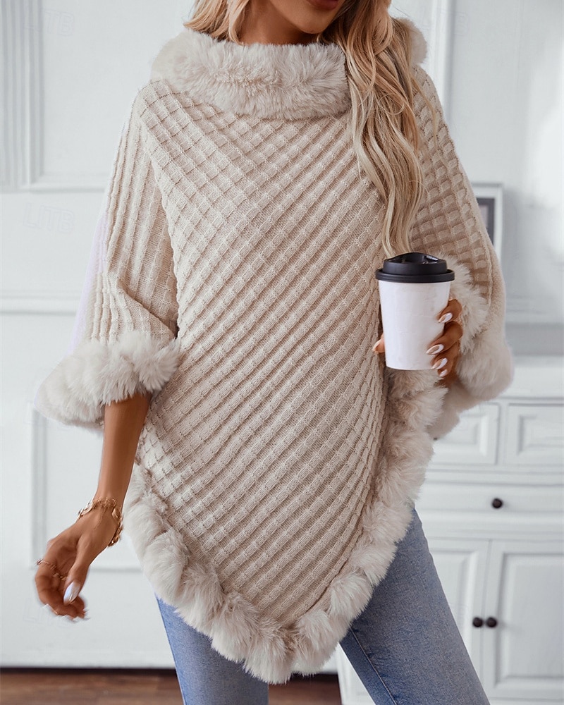 Damen Pullover Schultertuch Elegant Mode Streetwear Einfarbig Gerippt Rollkragen Gestrickt Asymmetrischer Saum Kunstpelzbesatz Halbarm Normale Oberteile Stricken Outdoor Täglich Wochenende Weinrot 2025 - $39.99 –P2
