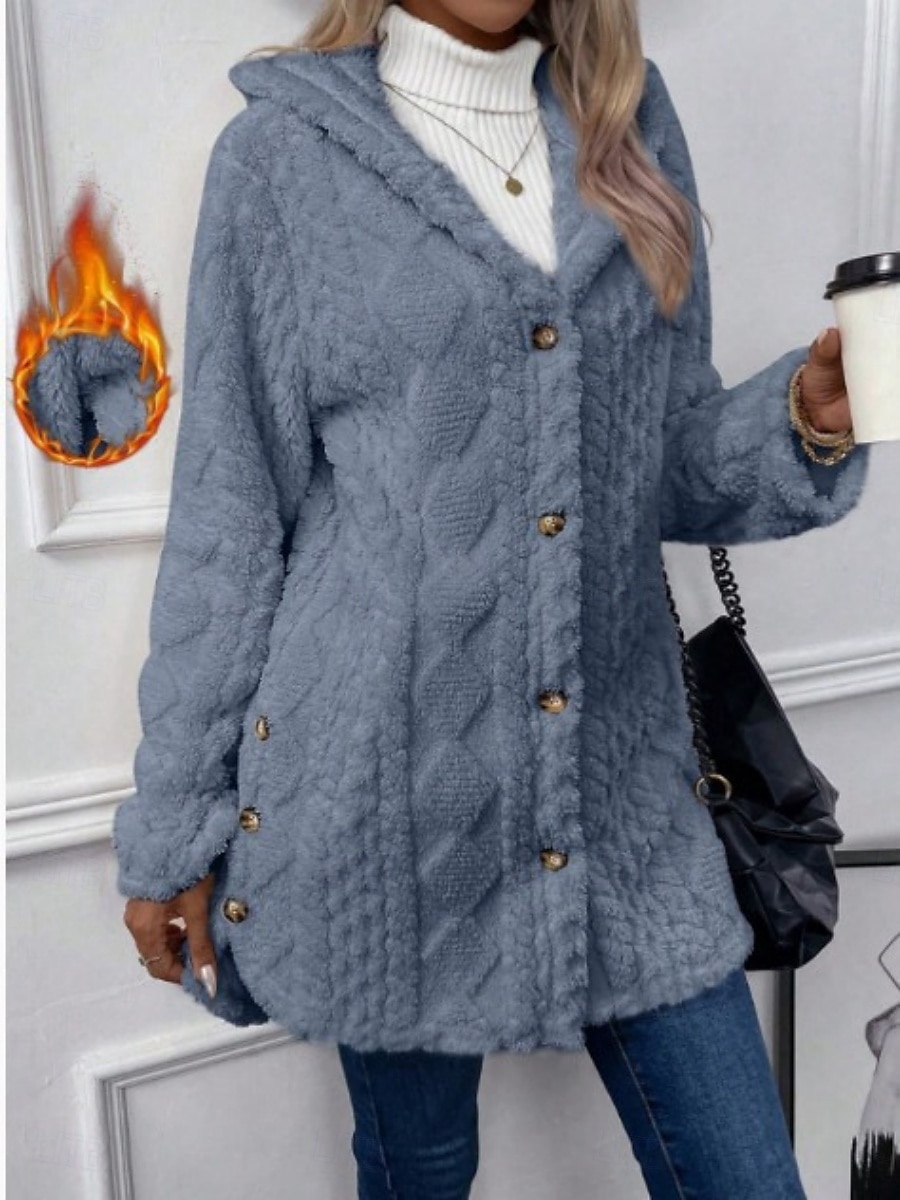 Mulheres Jaqueta sherpa Confortável Respirável Bolsos Botões Casual Tecido Férias Rua Casual Roupa Diária Não Trespassado Padrão Capuz Normal Manga Longa agasalhos Azul Claro Preto Rosa Primavera de 2025 por $31.99 –P4