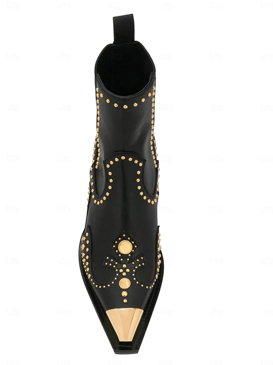 2025年 ゴールドのスタッズとメタルトゥが付いたレディースのブラックレザーウエスタンアンクルブーツ - ファッションストリートウェアやパーティーに最適なカウボーイスタイルのチャンキーヒールブーツ  コレクション – $109.99 –P4