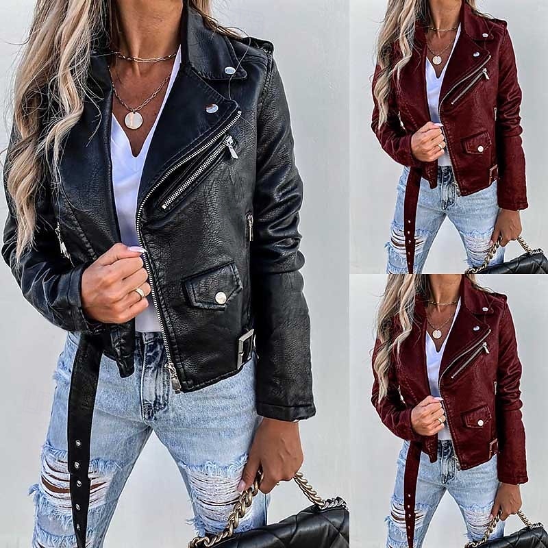 Per donna Giacca in Ecopelle Giacca da Biker Caldo Confortevole Cerniera Bottoni Casual Tinta unica Vacanza Streetwear Casuale Abbigliamento quotidiano Corto Collo ripiegato Vestibilità regolare del 2026 a $43.99 –P1