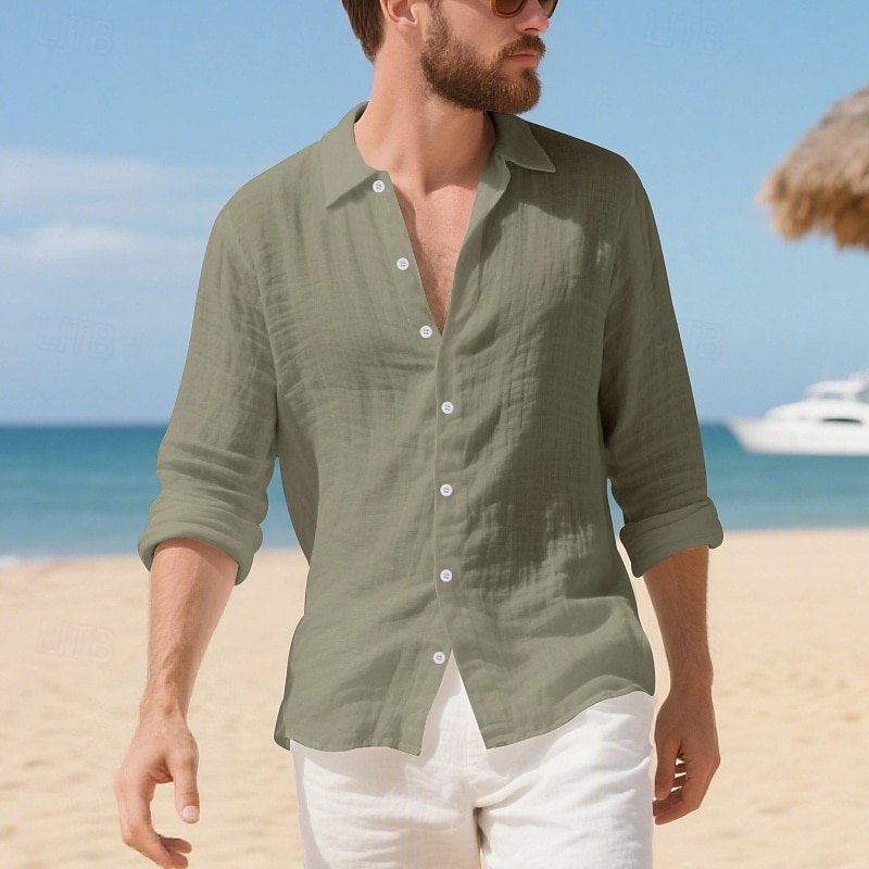 Herren Hemd Leinenhemd Freizeithemd Knopfhemd Baumwollhemd Einfach Urlaub Hawaiianisch Schwarz Weiß Gelb Marineblau Langarm Revers Frühling Herbst Bekleidung 2025 - $19.49 –P18