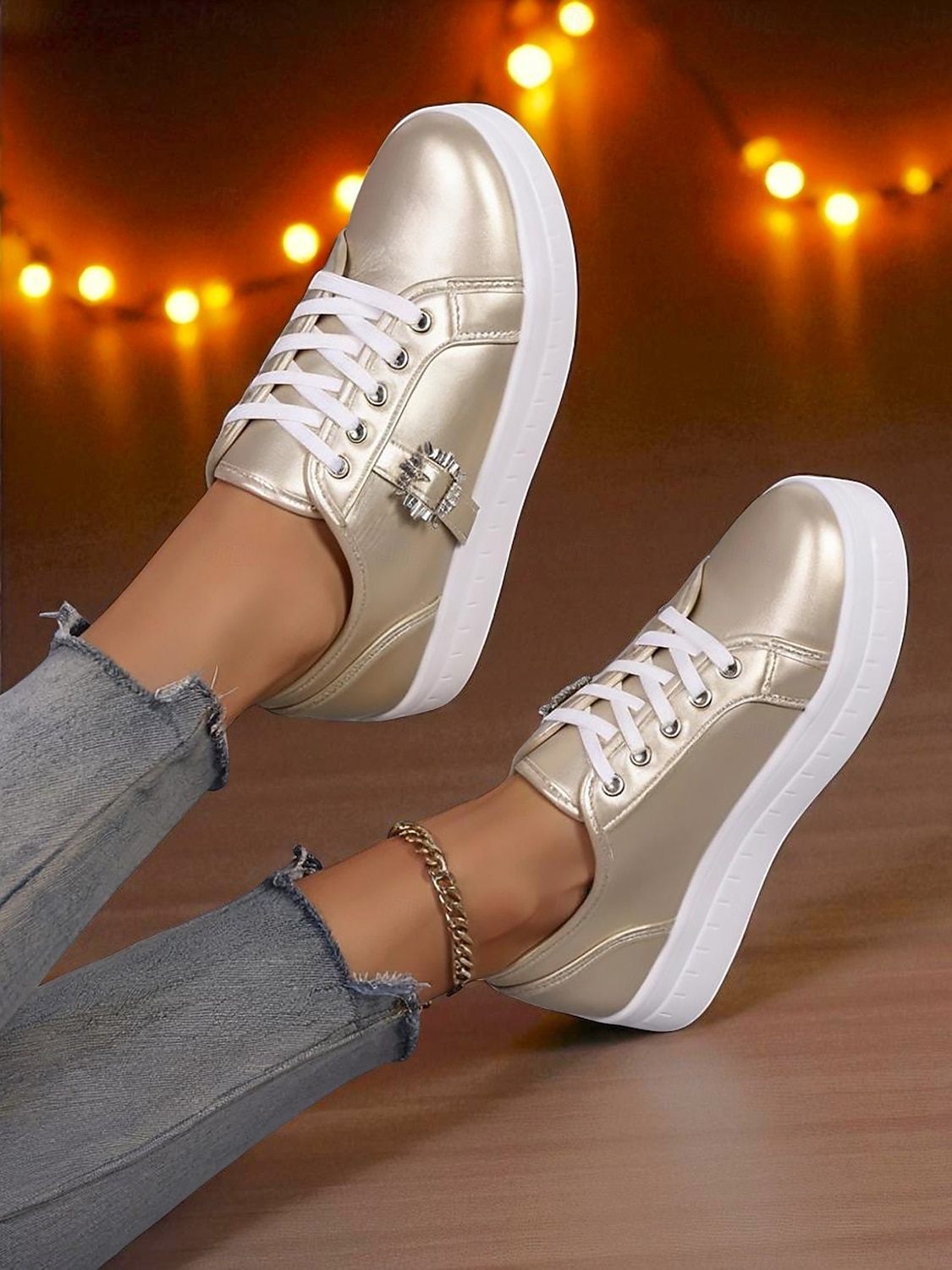 Women's Silver Metallic Lace-Up Sneakers with Rhinestone Buckle - Fashion Casual Shoes for Nightlife Parties and Club Outfits 2026 - $29.99 –P6