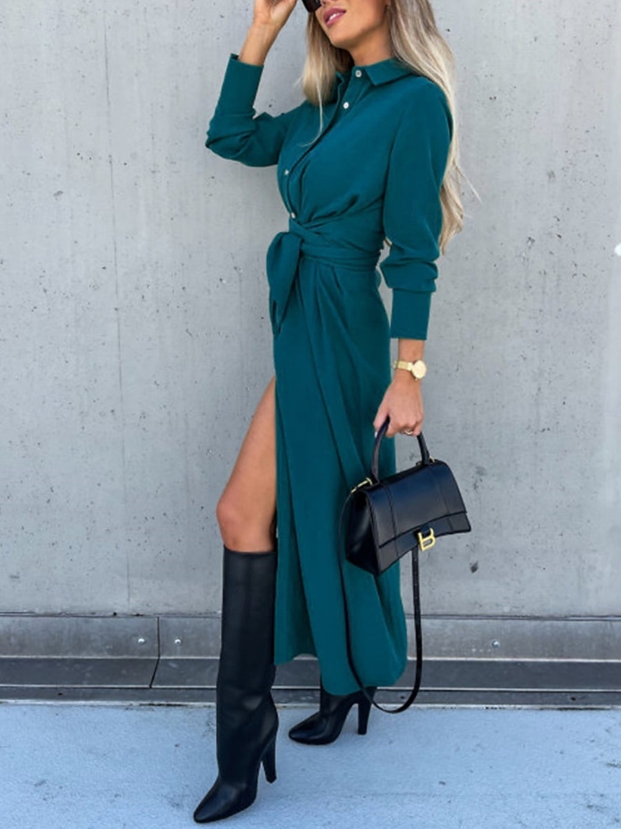 Femmes Robe Midi Robe trapèze Occasionnel Quotidien Coupe régulière Uni manche longue Revers Noir Rouge Vert Abricot Printemps Automne Hiver de 2025 ? $31.99 –P7