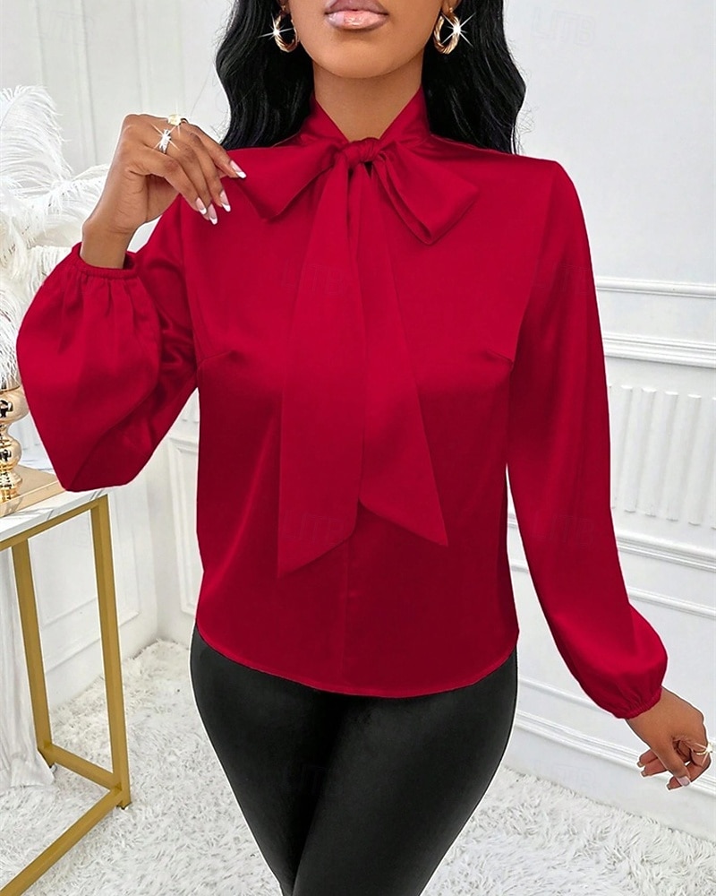 Women's Shirt Elegant Dressy Satin Top Bow Solid Color Elegant Stylish Basic Long Sleeve Tie Neck High Neck Regular Tops Daily Going out Red Spring Fall 2026 - $26.99 –P5