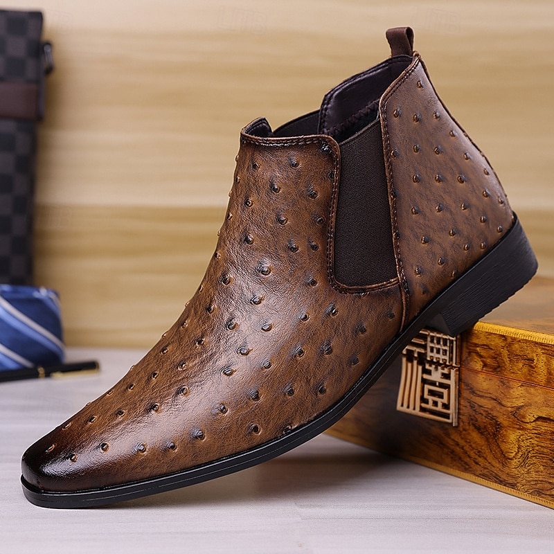Ανδρικές γκρι μπότες Chelsea από τεχνητό δέρμα – slip-on παπούτσια με μοτίβο στρουθοκαμήλου για επαγγελματικές δραστηριότητες, επίσημες εκδηλώσεις και καθημερινή χρήση 2025 - $46.99 –P1