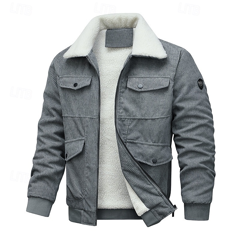 Men's Corduroy Jacket Fleece Jacket Formal Home Thermal Warm Pocket Fleece Collar Fall Winter Solid Color Active Neutral Regular Black Brown Gray Jacket 2025 - $58.99 –P4