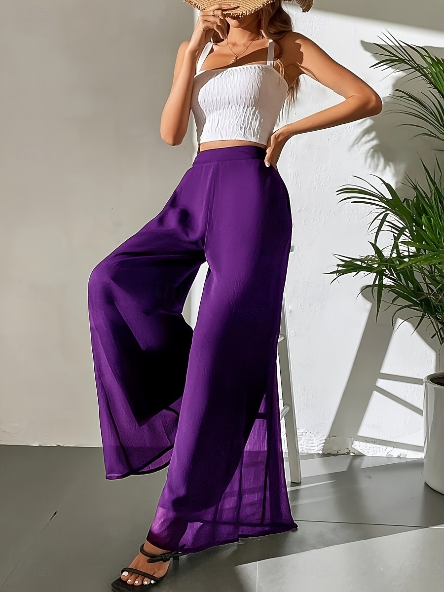 Mulheres Perna larga chinês Moda Roupa de rua Básico Comprimento total Cintura Alta Tecido Cintura elástica Confortável Macio Com Stretch Ao ar livre Rua Casual Marron Escuro Vinho Preto Branco Verão de 2025 por $26.99 –P1