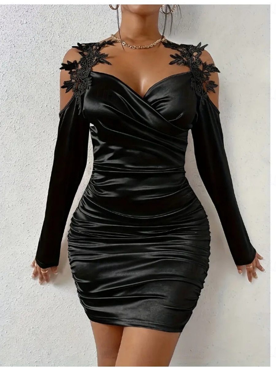 Valentine's Day Women's Mini Dress Sheath Dress Off The Shoulder Dress Elegant Party Cocktail Outdoor Party Wedding Guest Ruched Regular Fit Solid Color Long Sleeve Strap Black Red Beige 2026 - $34.99 –P7