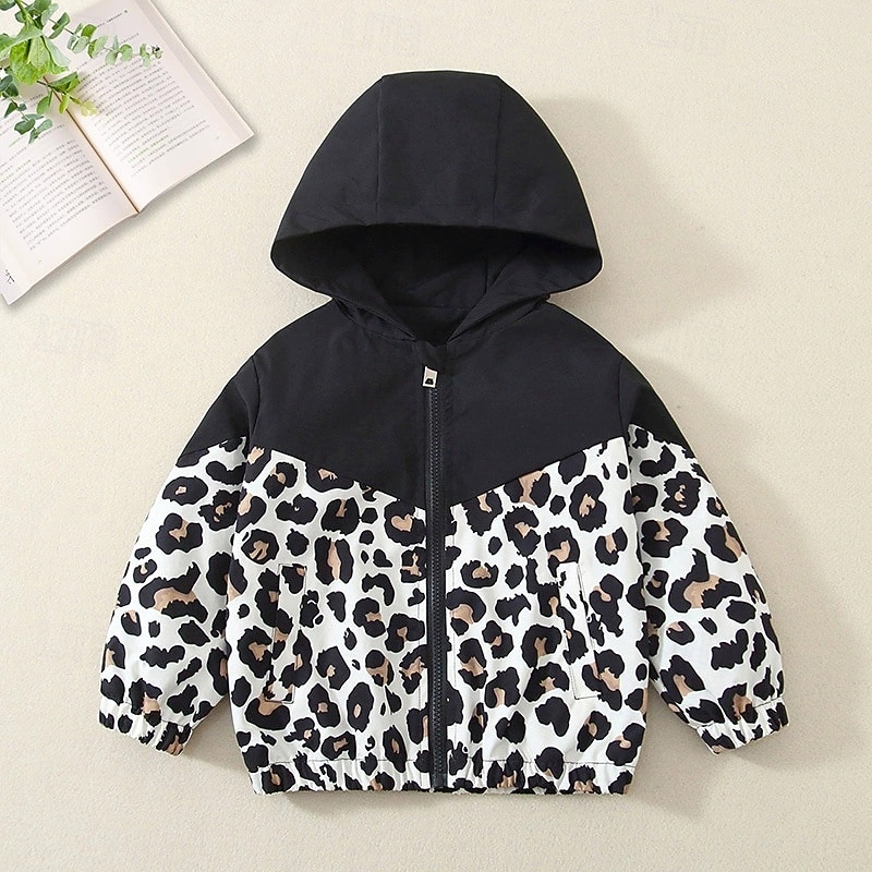 Barn Flickor Vandringsjacka Friluftsjacka Kappa Leopard Mode Dragkedja Ficka Vindtät Utomhus Täcka Ytterkläder 4 år + Vår Vit+Svart 2025 - $20.99 –P5