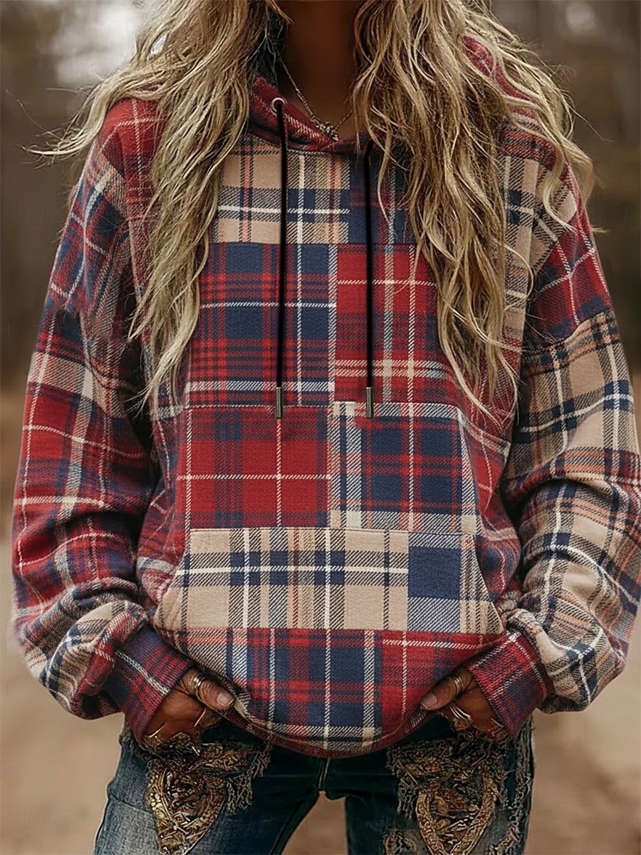 Damskie Pullover Z kapturem Kratka Moda Moda miejska Codzienny Długi rękaw Kaptur Zwykłe topy Na co dzień Codzienny Sport Ściągana na sznurek Kieszeń Nadruk Czerwony Wiosna Jesień 2025 - $32.99 –P1