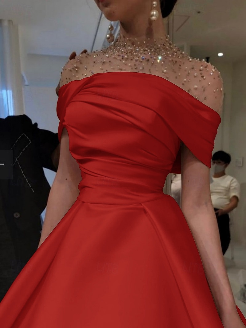Ligne A Longueur au sol Robes de Bal Robe de Soirée Tenue de soirée Élégant Manche Courte Col Illusion Formel Satin avec Froncé Perlage de 2025 ? $169.99 –P9