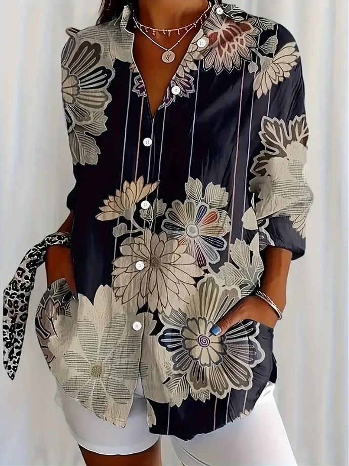 Camicia da donna in lino simile traspirante leggera grafica floreale vintage quotidiana casual a maniche lunghe colletto top regolari da indossare quotidianamente stampa bianca e nera nera viola del 2026 a $36.99 –P1