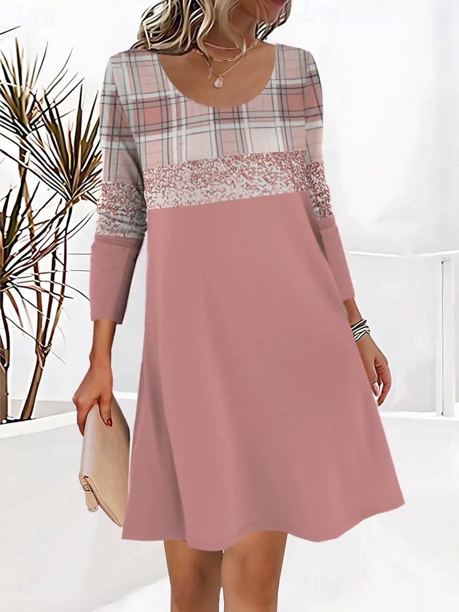 Damen Minikleid T-Shirt-Kleid Sommerkleid A Linie Kleid Lässig Täglich Ausgehen Normale Passform Grafik Karomuster Abstrakt Langarm Rundhalsausschnitt Hellrosa Rosa Grau Herbst Winter 2025 - $23.99 –P3