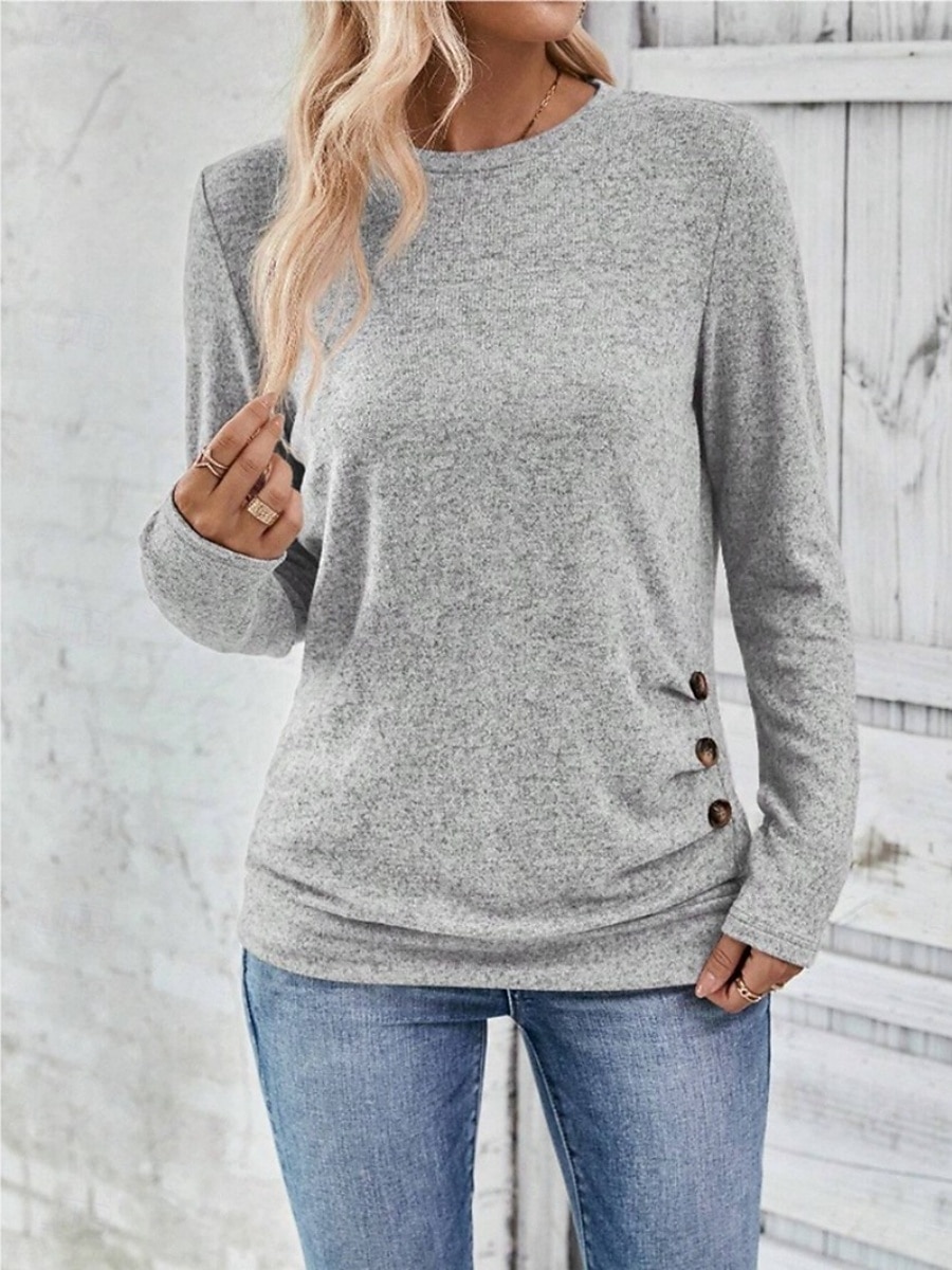Dame Bluse Helfarge Tropisk Stilfull Fritid Langermet Crew-hals Vanlige topper Daglig Knapper Rosa Himmelblå Grønn Grå Sommer Vår Høst 2025 - $23.99 –P3