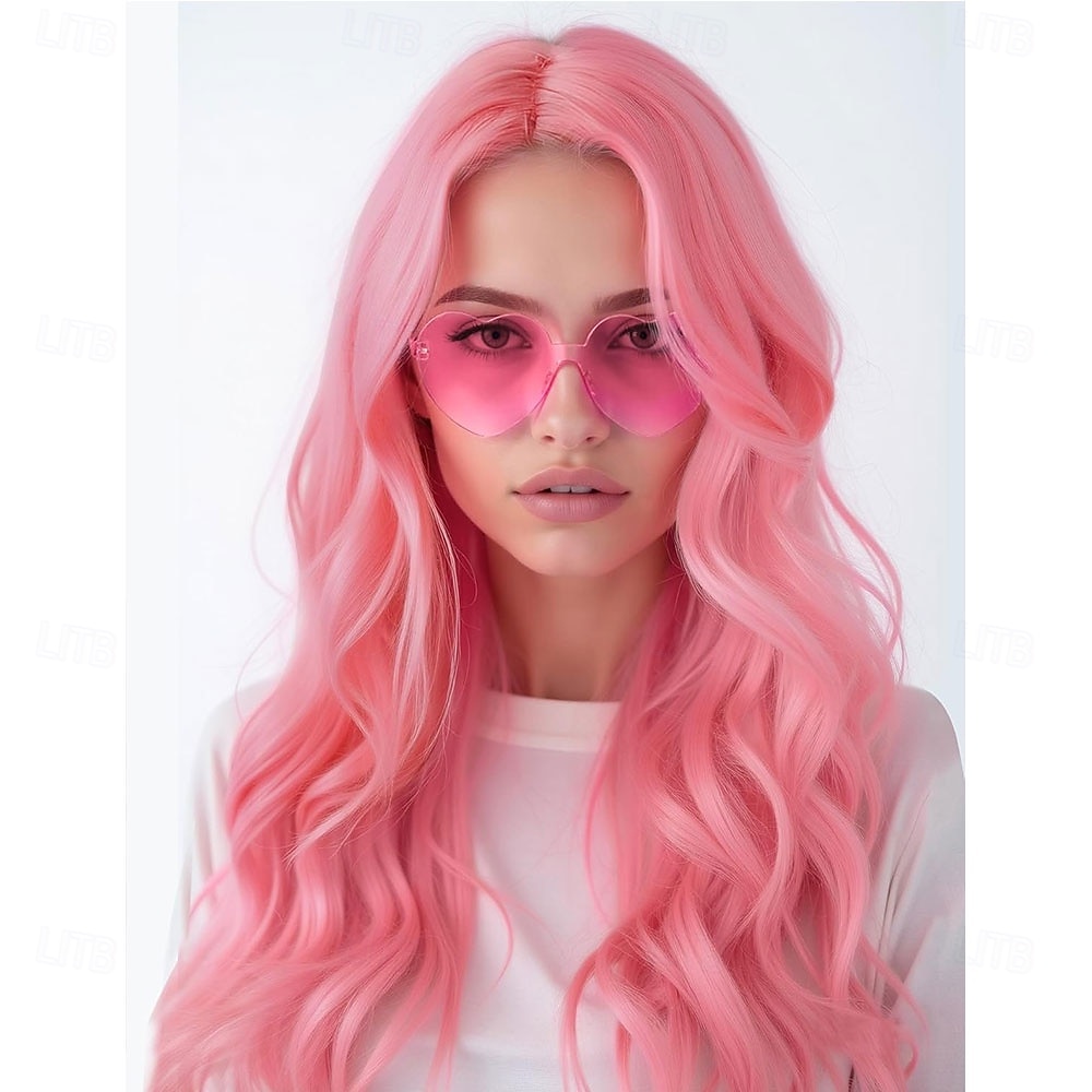 Peruca ondulada de 23,62 polegadas de comprimento, parte do meio para mulheres e óculos de sol para festa, perucas onduladas e cacheadas com óculos neon para mulheres - perucas para despedida de de 2025 por $21.99 –P1