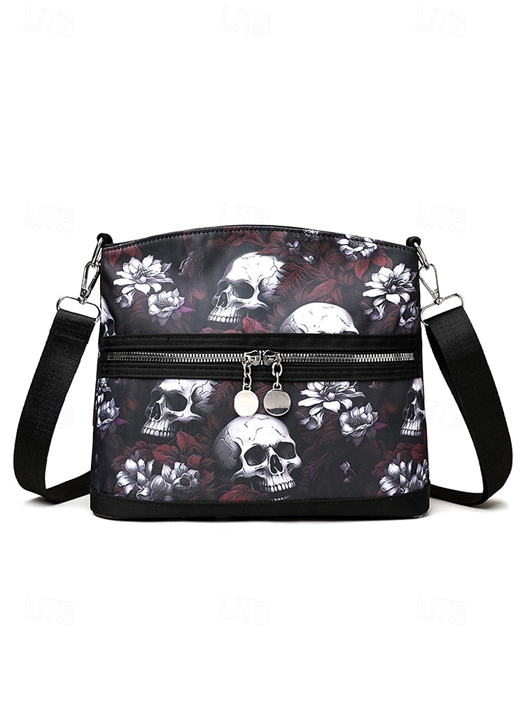 Borsa a tracolla da donna con stampa teschio – motivo floreale gotico, borsa casual in similpelle per feste di Halloween e uso quotidiano del 2025 a $18.99 –P6