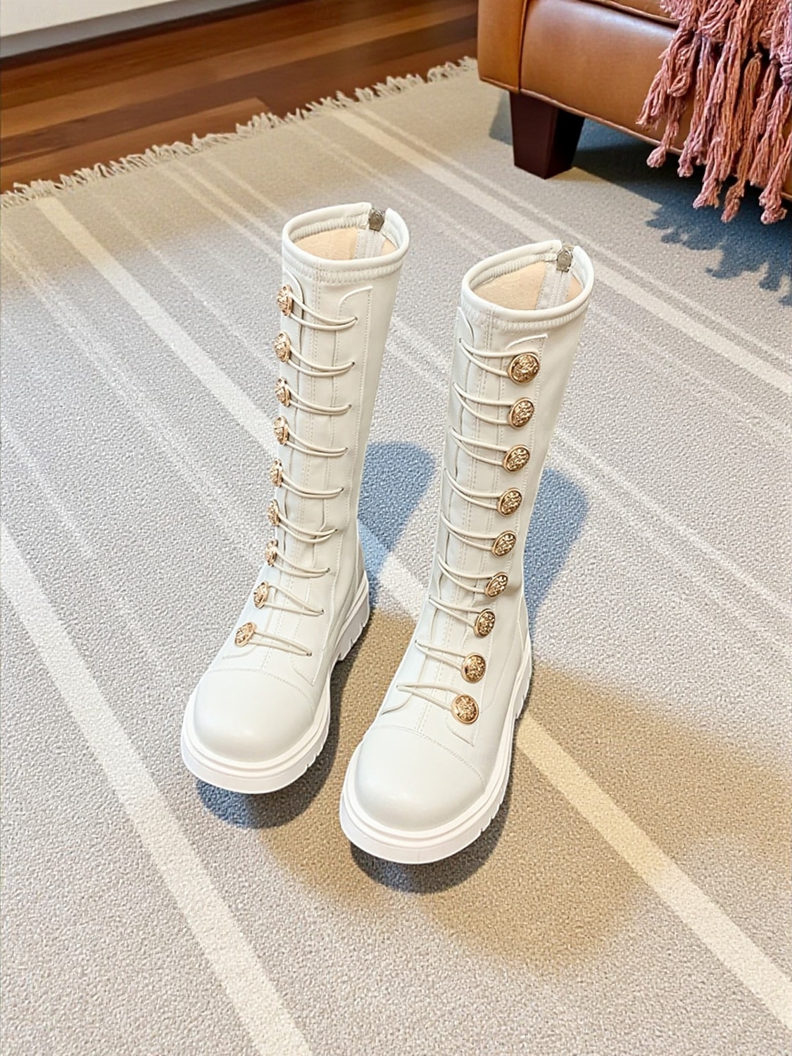 Dívčí šněrovací vojenské boty inspirované K-popem - trendy bílo-hnědé módní boty pro ležérní i pouliční styl 2025 - $46.99 –P5