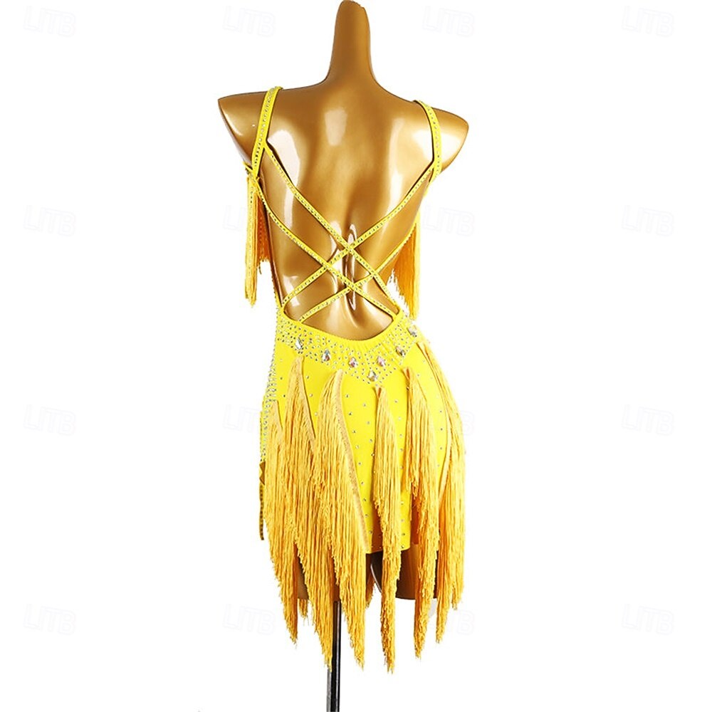 Women's Black Fringe Latin Dance Dress with Rhinestone Detailing, Sleeveless, and Crisscross Straps – Perfect for Salsa, Rumba, and Performance Wear 2026 - $222.79 –P12