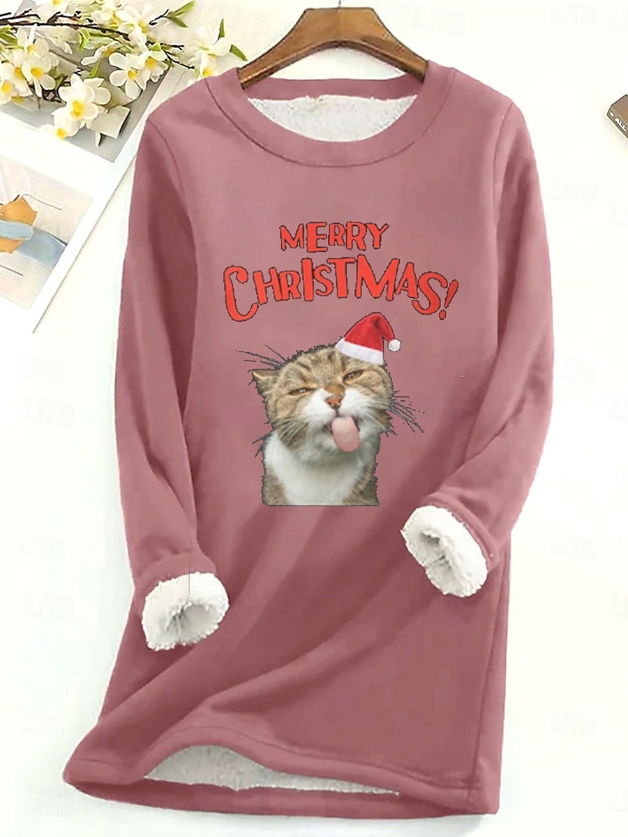 Dame Genser med genser Grafisk Katt Bokstaver Varm Fritid fuzzy Langermet Crew-hals Vanlige topper Gate Avslappet Lys Rosa Svart Mørk Rosa Blå Vår Høst Vinter 2025 - $29.99 –P4