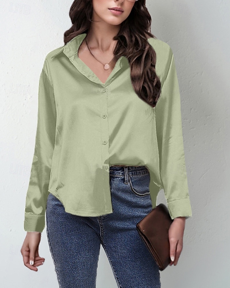 Damskie Koszula Elegancki Szykowny Top satynowy Guziki Jednokolorowe Elegancki Codzienny Długi rękaw Kołnierzyk koszuli Zwykłe topy Codzienny Wyjściowe Niebieski Jasnozielony Rumiany róż Żółtobrązowy 2026 - $27.99 –P2