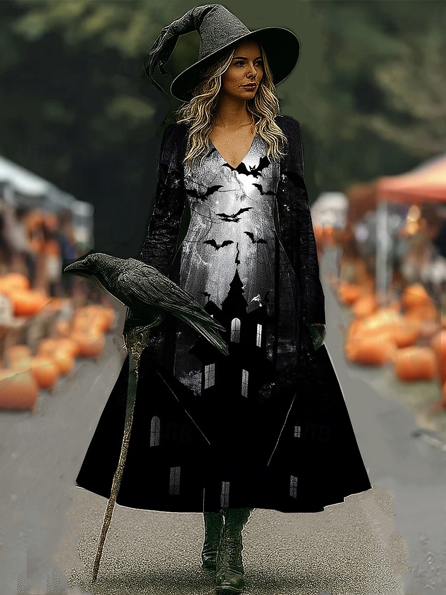 Halloween Dam Maxiklänning A linjeklänning Semester Ledigt Boho Strand Normal Blommig Grafisk Långärmad V-hals Mörklila Svart Rodnande Rosa Vin Vår Höst 2025 - $14.99 –P3