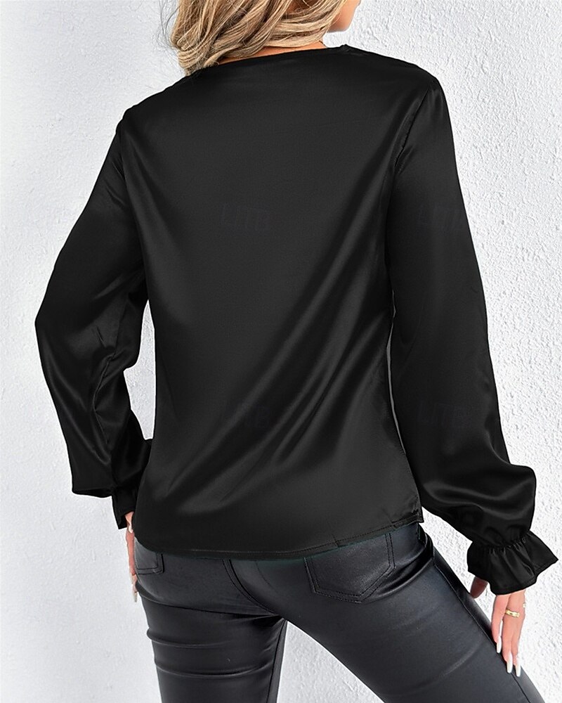 Жен. Рубашка Elegant Нарядный Атласный верх Драпировка Сплошной цвет Стиль На каждый день Длинный рукав Вырез-хомут Обычные топы Повседневные На выход Черный Розовый Зеленый Абрикосовый Весна Осень 2026 - $27.99 –P12