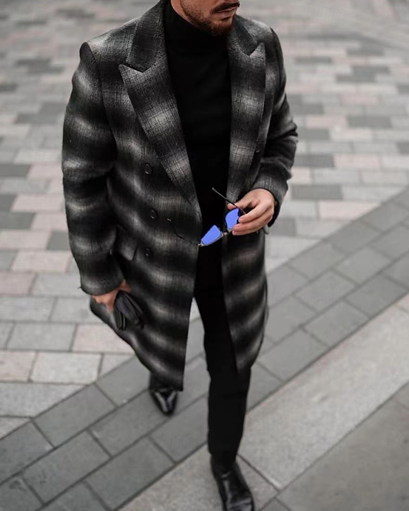 Men's Overcoat Trench Coat Long Trench Coat Vacation Daily Fall Winter Polyester Windproof Warm Outerwear Clothing Apparel Fashion Classic Plaid Pocket Lapel Open Front 2026 - $69.99 –P3