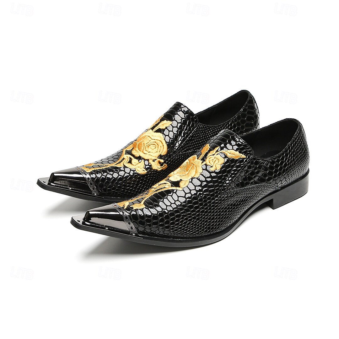 Pantofi eleganți bărbătești din piele naturală de vacă, cu model de crocodil negru și broderie aurie – mocasini formali de lux pentru afaceri, nunți și banchete 2026 - $119.99 –P1