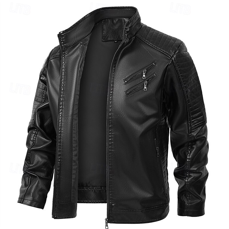 Herr Imitationsläderjacka Bikerjacka Motorcykeljacka Semester Dagligen Vindtät Håller värmen Ficka Höst Vinter Slät Mode Klassisk Hög krage Normal Svart Brun Jacka 2025 - $57.99 –P19
