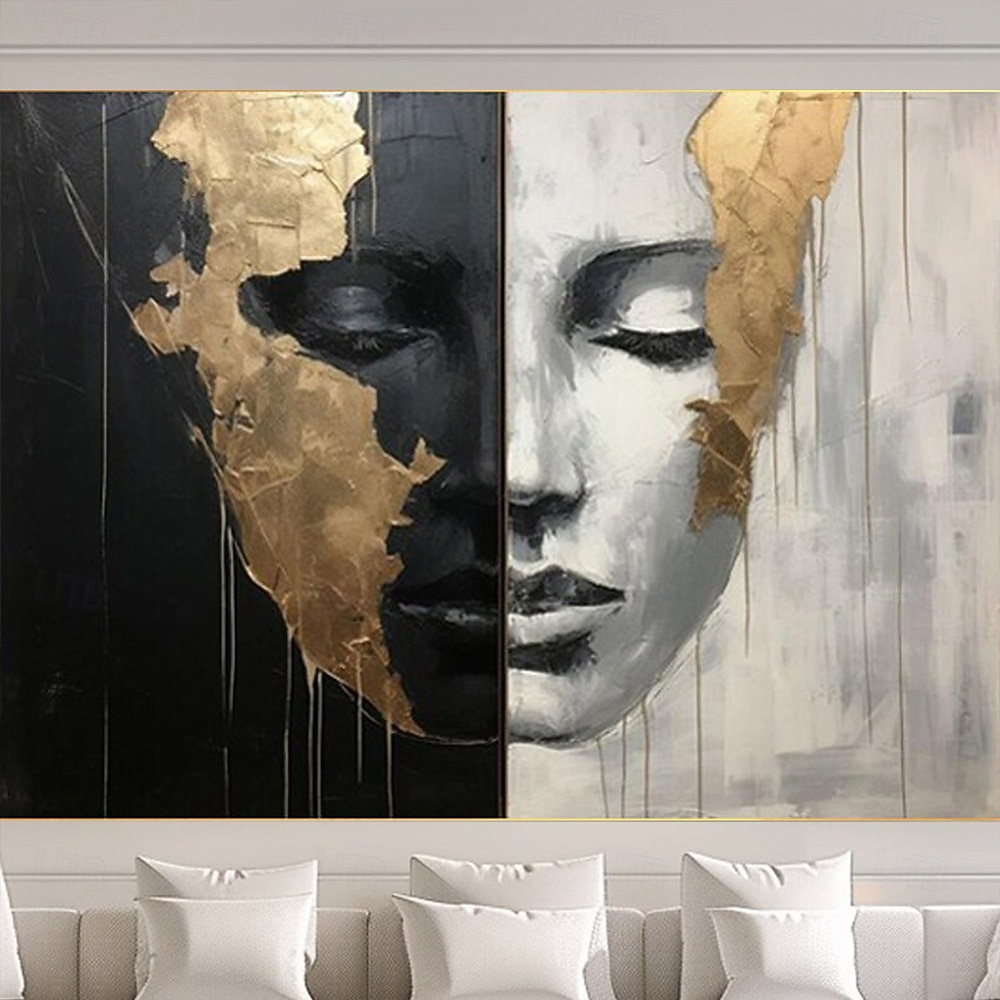 Peintures abstraites de visages de filles peintes à la main sur toile, peinture noire et blanche, œuvres d'art figuratives dorées, peinture murale minimaliste pour la décoration intérieure, cadre de 2025 ? $131.99 –P4