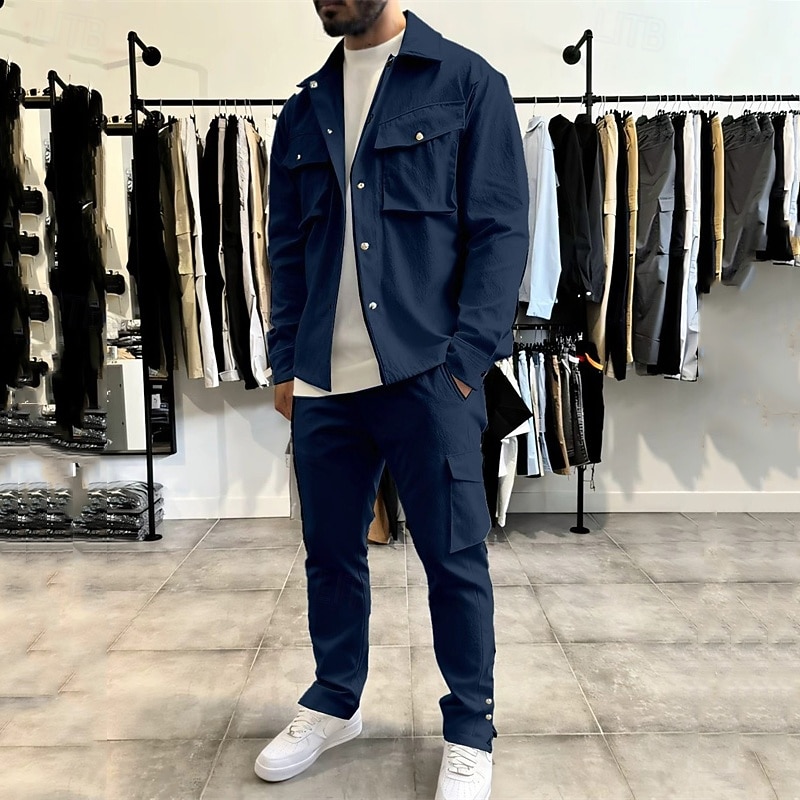 2026年 男性用 軽量ジャケット カーゴジャケット カジュアルジャケット セット バケーション 日常 保温 ポケット 2個 秋 冬 平織り ファッション クラシック ラペル レギュラー ブラック ネイビーブルー スカイブルー カーキ色 ジャケット  コレクション – $61.99 –P5