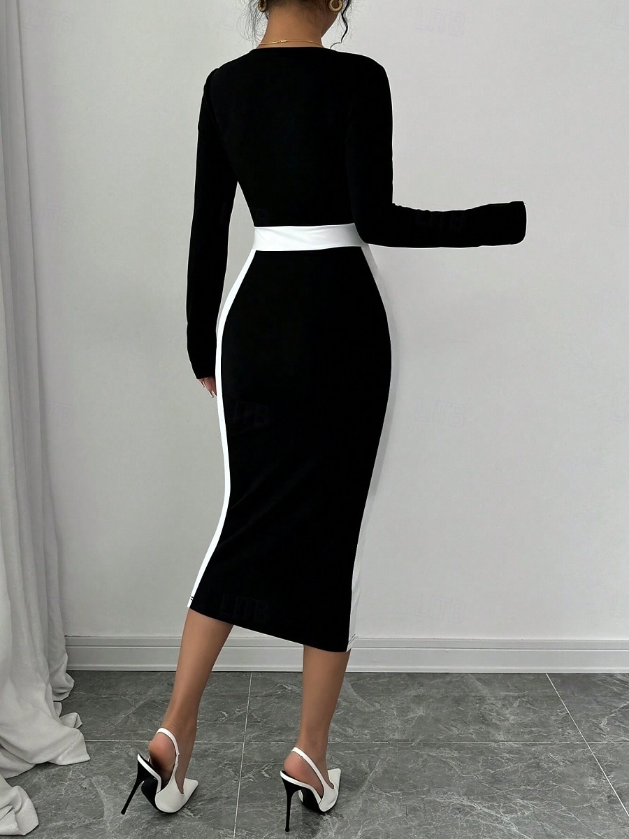 Dam Midiklänning Sheath Dress Ledigt Helgdag Utekväll Normal Randig Långärmad Fyrkantig hals Svart Fuchsia Mörkblå Vår Höst Vinter 2025 - $29.99 –P16