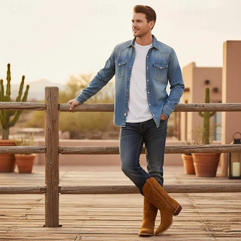 Men's Classic Suede Western Cowboy Boots - Brown Faux Leather Mid-Calf Embroidered Rodeo Style - Perfect for Rodeo, Country Weddings, and Outdoor Events 2026 - $69.99 –P3