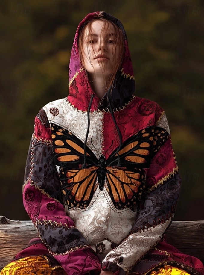 מעיל הודי וינטאג' בוהו לנשים מדפסת תלת ממד פאטצ'וורק מעיל סוודר פרחוני סוודר פולאובר סוודר אוברסייז חם ספורטיבי קפוצ'ון יומיומי פאטצ'וורק שחור לבן צהוב ורוד כהה אביב סתיו חורף 2026 - $28.99 –P5