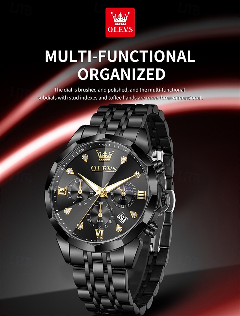 The New Olevs Men'S Business Watch With Luminous Calendar Small Three-Hand Moon Phase Display Multi-Functional Quartz Watch Waterproof Casual And Fashionable Men'S Sports Wristwatch 2025 - $34.99 –P3