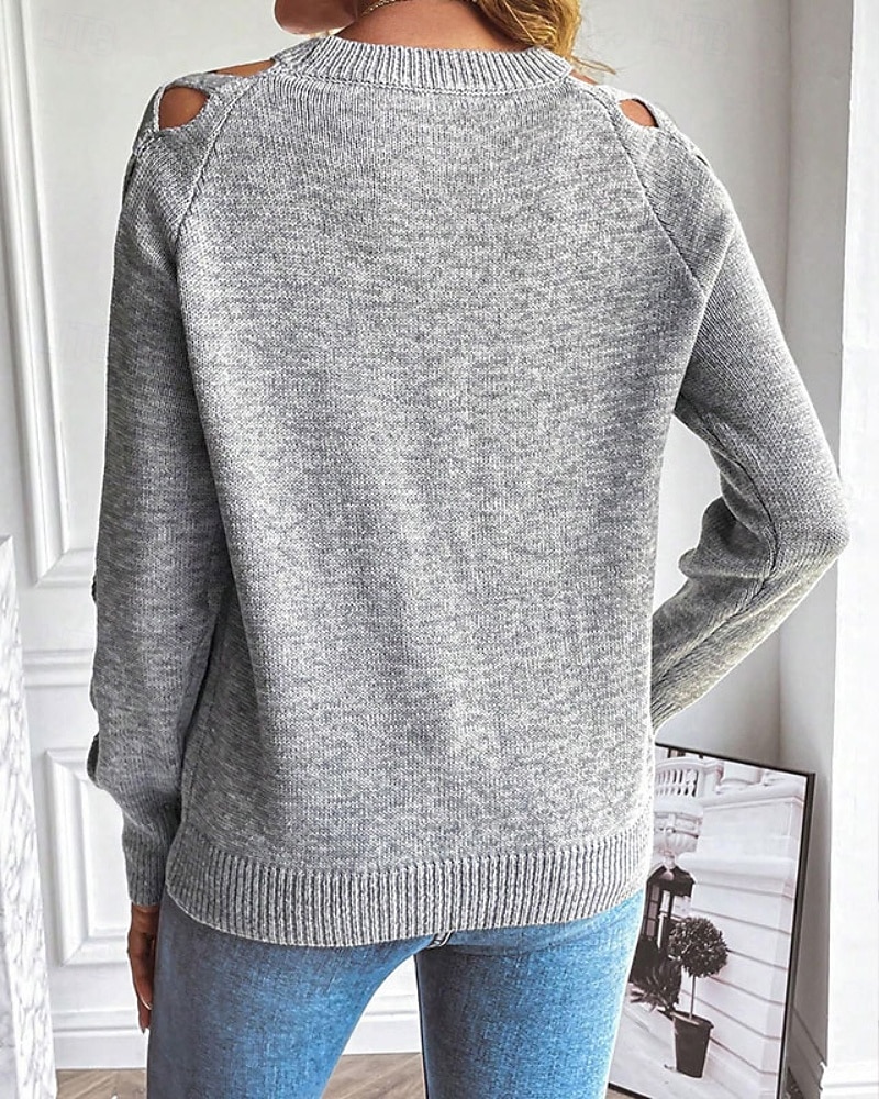 Dame Genser Gatemote Fritid Helfarge Crew-hals Uthult Strikket Langermet Vanlige topper Strikke Daglig Ferie Ut på byen Svart Blå Høst Vinter 2025 - $35.99 –P9