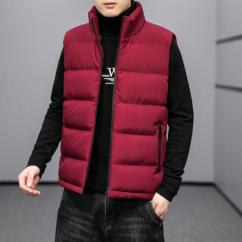 2026年 男性用 パファーベスト ベスト ジレ バケーション 日常 デート ファッション カジュアル 秋 冬 ポケット ポリエステル 保温 快適 純色 ジッパ－ スタンド レギュラー ブラック ルビーレッド ライトグレー ダークブルー ベスト  コレクション – $21.99 –P4