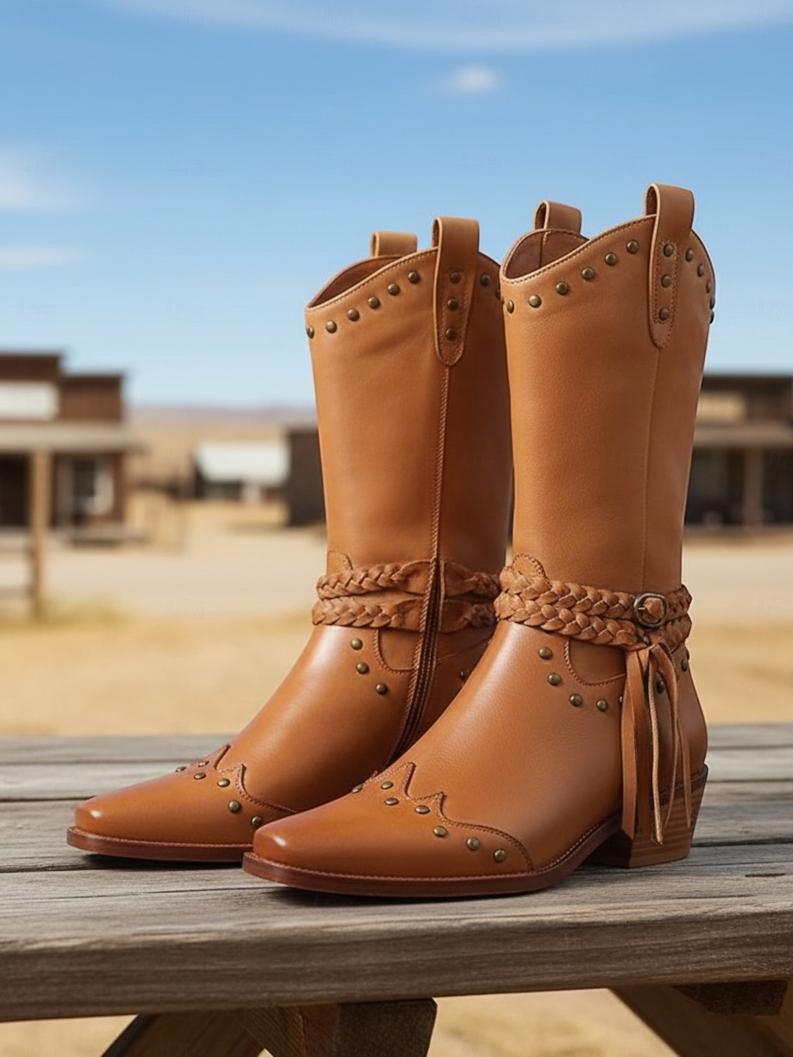 botas de cowboy femininas com tira trançada e detalhes de tachas, calçados estilosos para passeios casuais e eventos com tema western de 2025 por $42.99 –P1