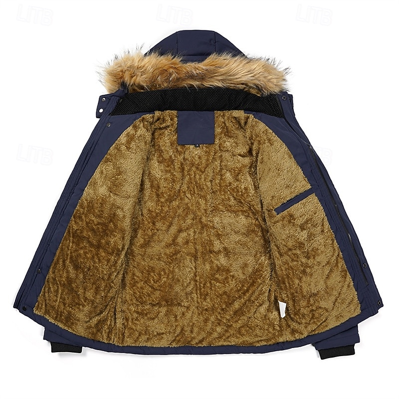 Men's Winter Coat Fleece Jacket Parka Pocket Fleece Polyster Vacation Daily Wear Date Regular Fashion Casual Comfortable Thermal Warm Fall Winter Solid / Plain Color Black Khaki Dark Blue Puffer 2025 - $66.99 –P8