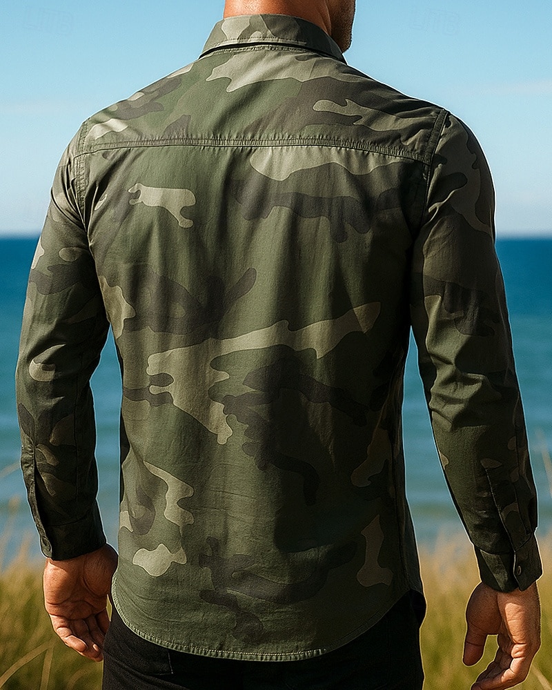 Hombre camisa cargo Camisa para senderismo Manga Larga Cuello Vuelto Camiseta Al aire libre Transpirable Algodón Color Camuflaje Verde Ejército Caqui Gris Tenis Golf Corriendo 2025 - $32.99 –P2