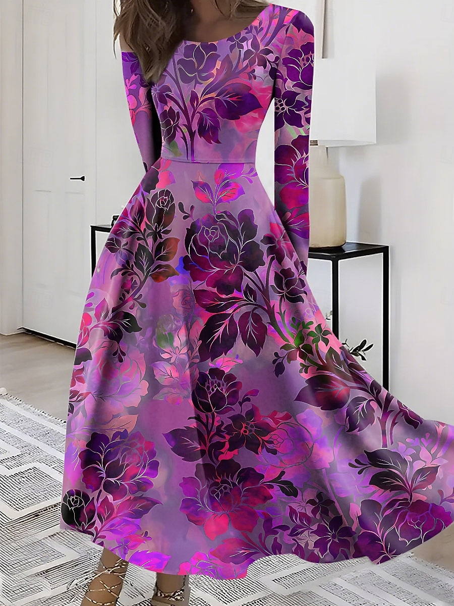 Women's Midi Dress A Line Dress Fit And Flare Dress Vacation Casual Boho Daily Party Going out Regular Fit Floral Graphic Long Sleeve Crew Neck Blue Red Purple Green Summer Spring Fall Winter 2026 - $37.99 –P3